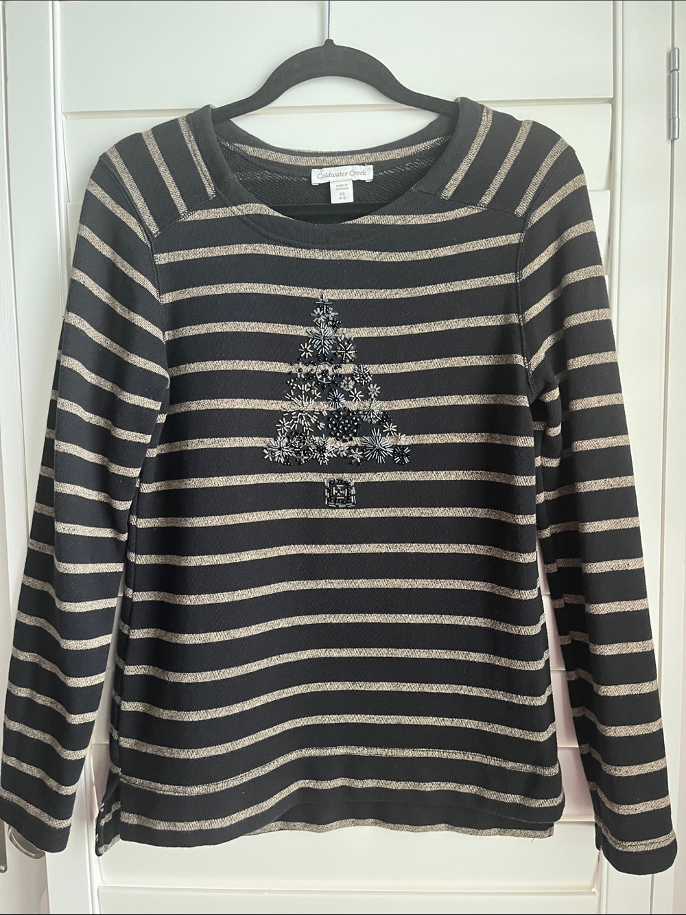 Coldwater Creek Black Striped Long-Sleeve Pullover with beaded Christmas Tree